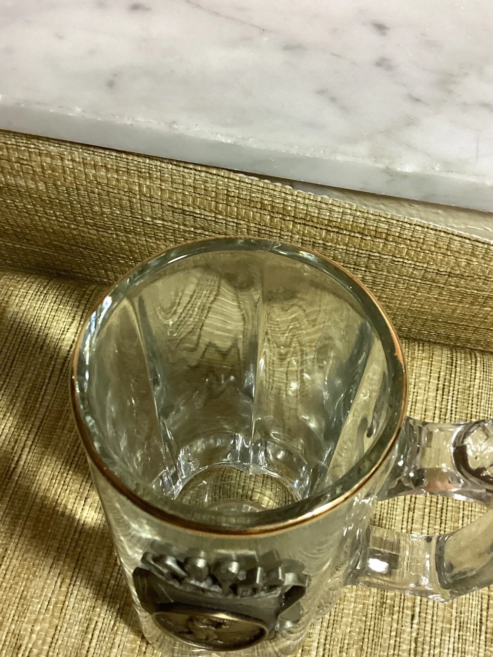 Glass Beer Stein with Brass Golf Emblem - Clear Raised Metal Medallion
